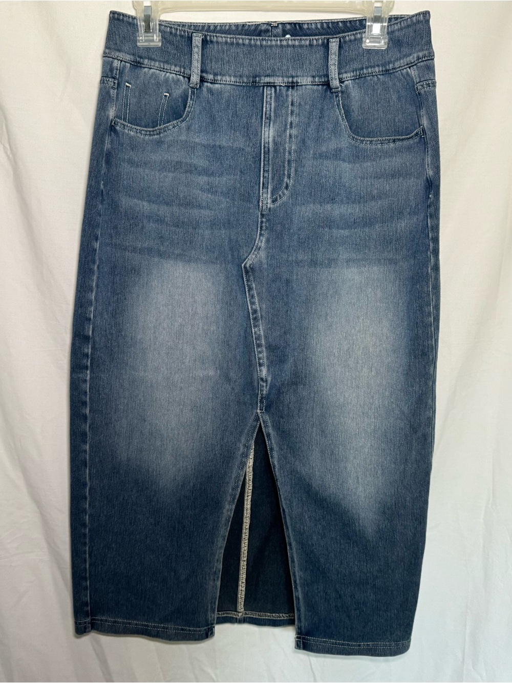 Halara Flex High Waisted Washed Denim Midi Skirt Stretch Knit Medium